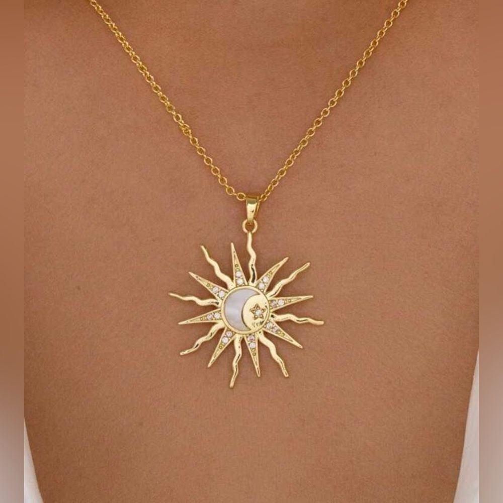 Free People Gold Sun & Moon Pendant Necklace with White Inlay